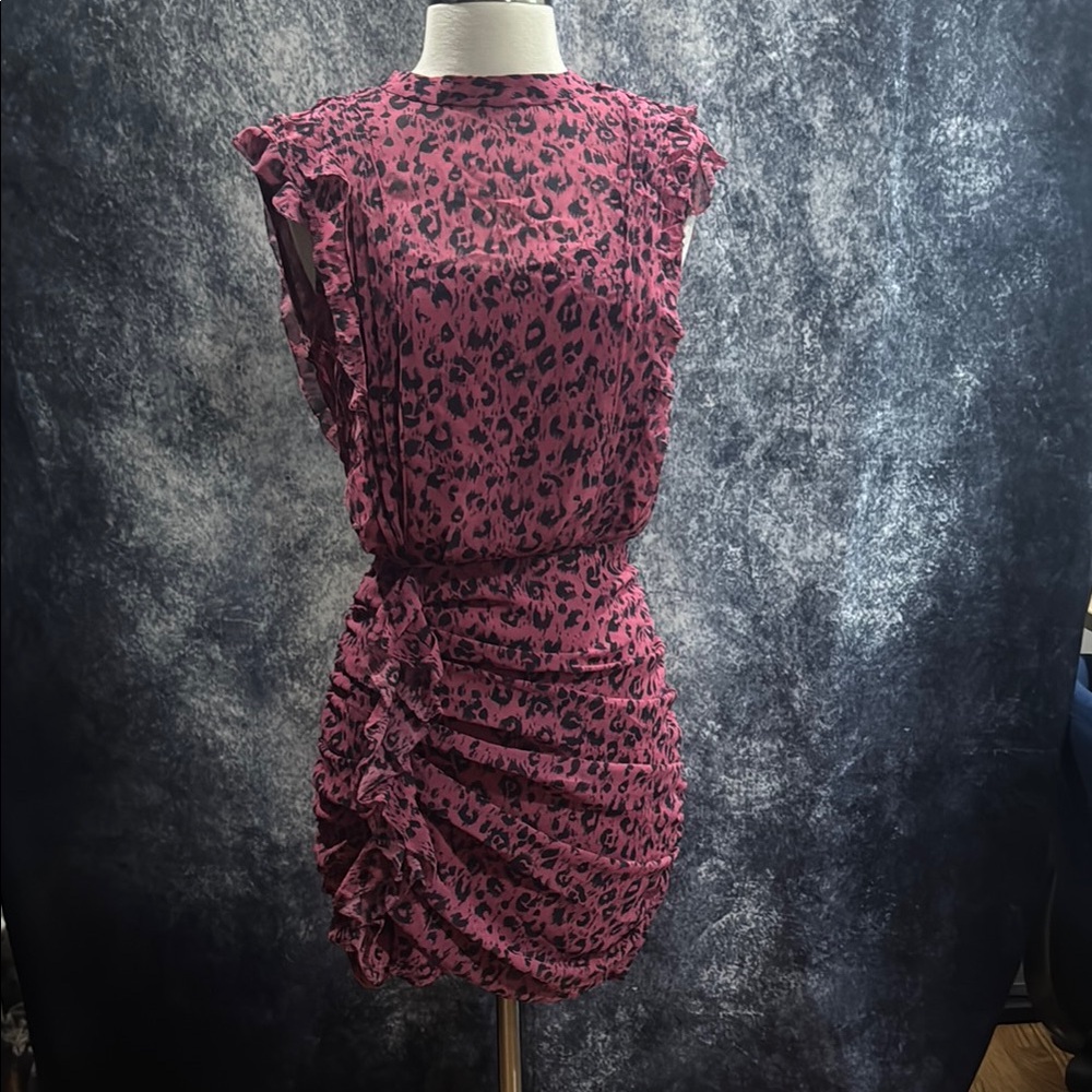 All Saints Hali Roar Pink Black Leopard Print Ruched Mini Dress